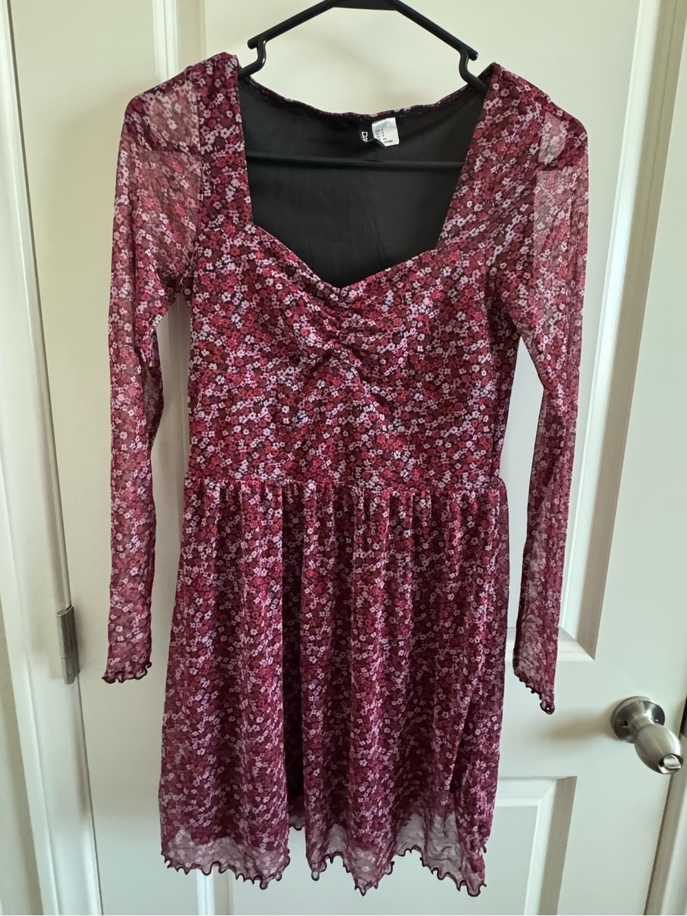 Floral Burgundy Long-Sleeve Mesh Dress